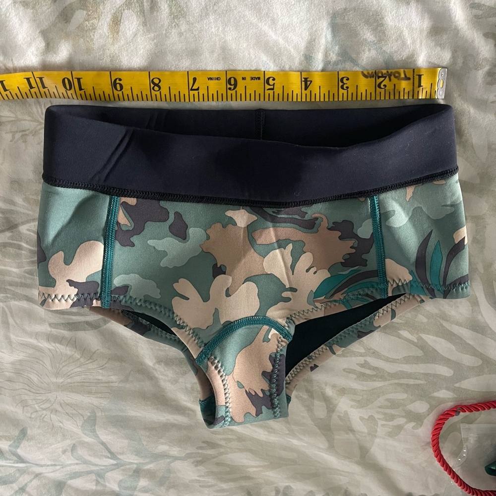 Patagonia black, green, teal, camouflage swim or dive bottom, 1mm wetsuit fabric